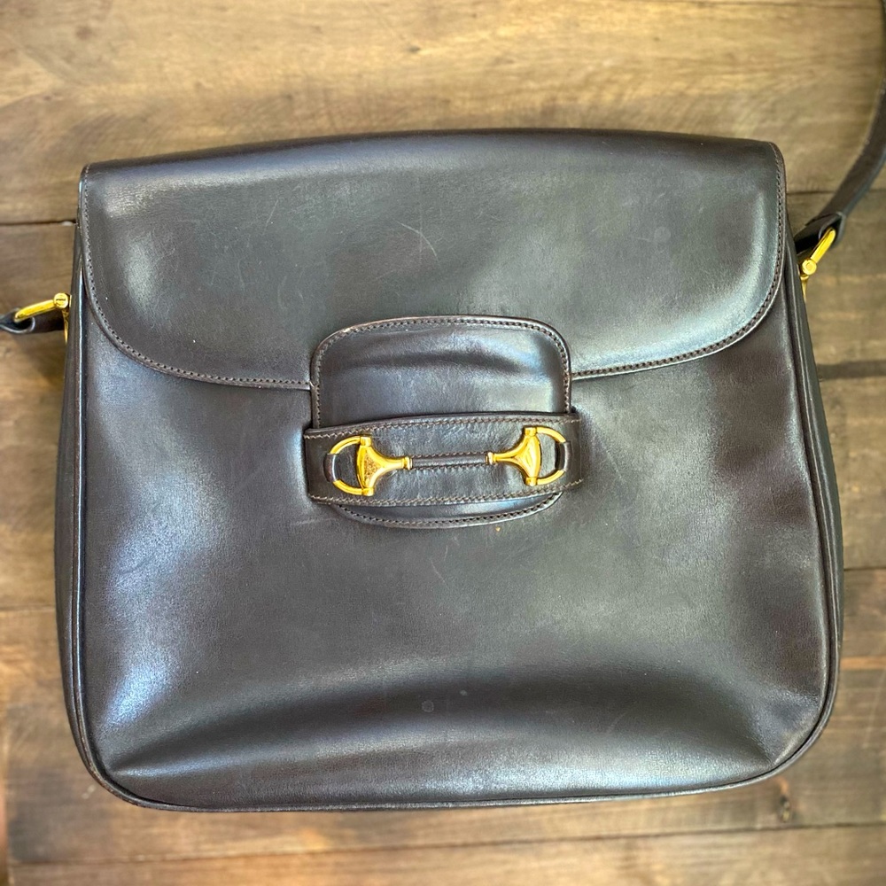 Vintage Gucci horse-bit dark brown shoulder bag